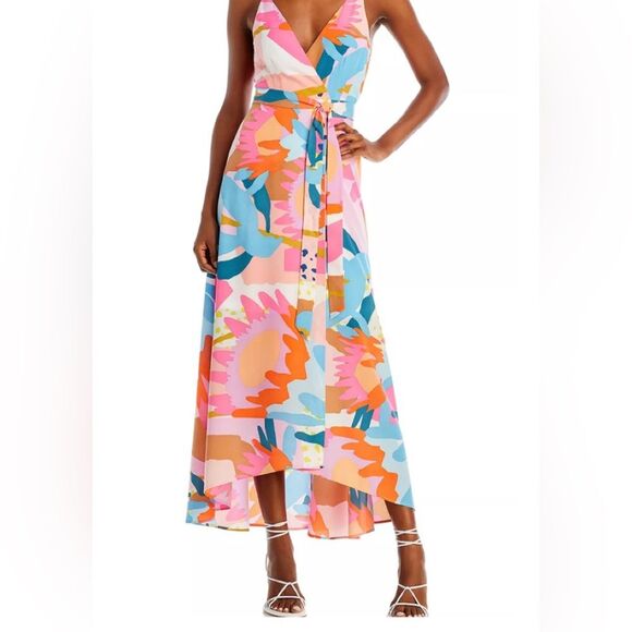 NWT AQUA Floral Print Maxi Dress wrap long summer dress w belt Bloomingdales L - Picture 2 of 15